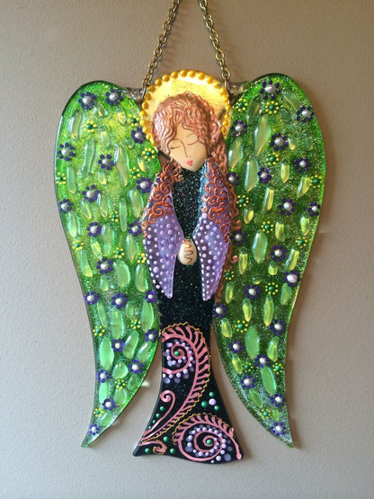 Big Guardian AngelGlass Wall Art in Green & Purple - Handmade Fused-Glass Decor with Vibrant Colors and Intricate Patterns
