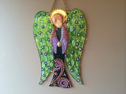 Big Guardian AngelGlass Wall Art in Green & Purple - Handmade Fused-Glass Decor with Vibrant Colors and Intricate Patterns