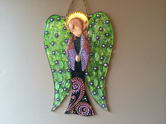 Big Guardian AngelGlass Wall Art in Green & Purple - Handmade Fused-Glass Decor with Vibrant Colors and Intricate Patterns