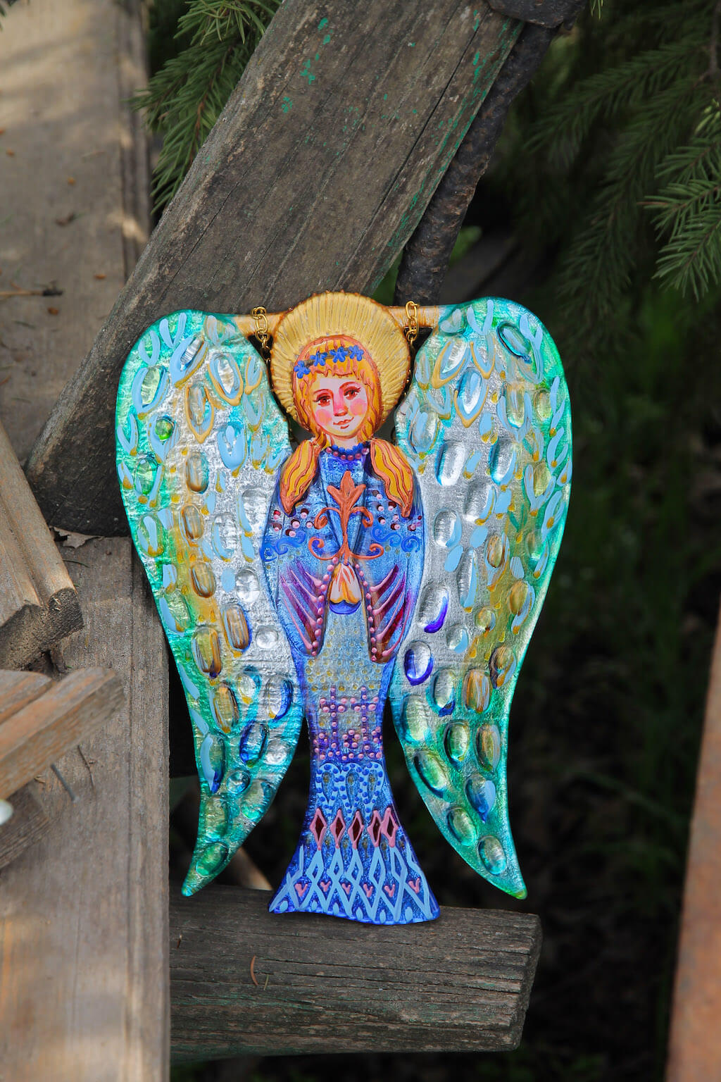 Big Guardian AngelGlass Wall Art in Blue - Handmade Fused-Glass Decor with Vibrant Colors and Intricate Patterns