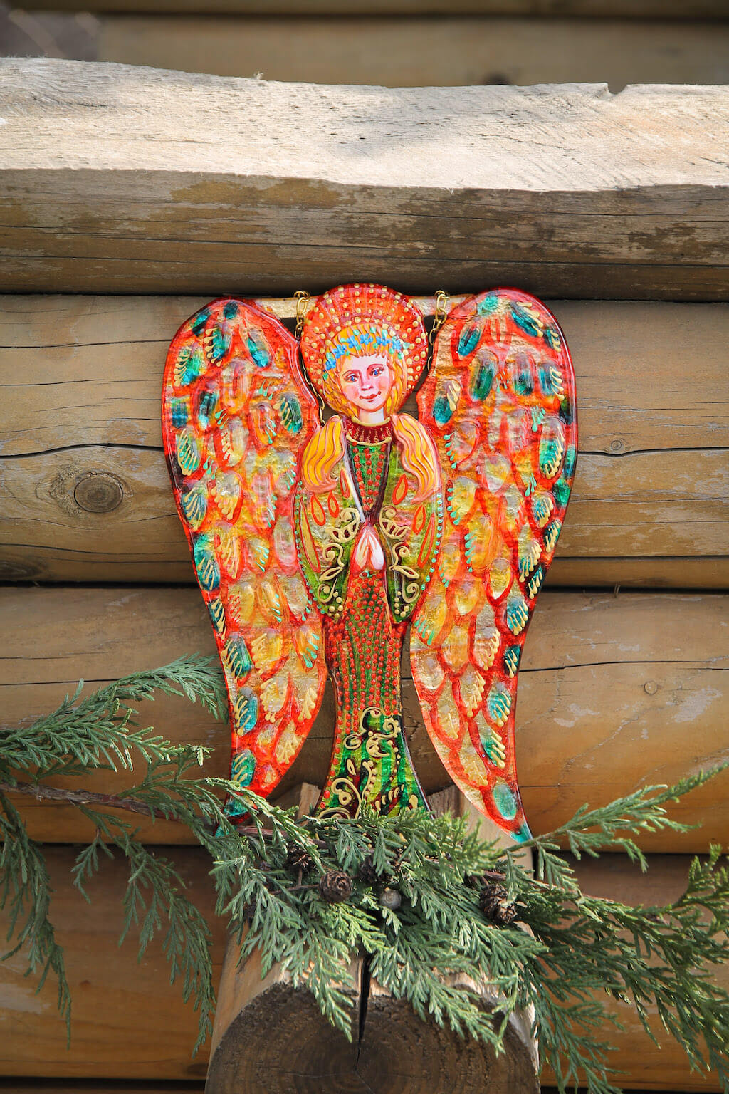 Big Guardian AngelGlass Wall Art in Orange & Green - Handmade Fused-Glass Decor with Vibrant Colors and Intricate Patterns