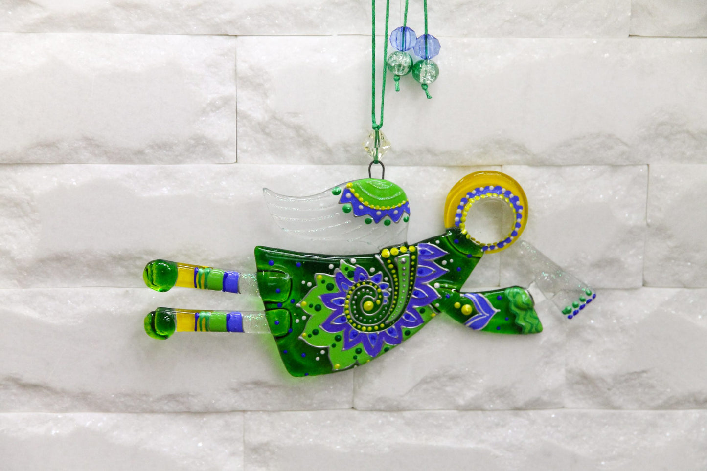 Guardian Angel Glass Art - Handmade Suncatcher, Green & Blue, 17 cm