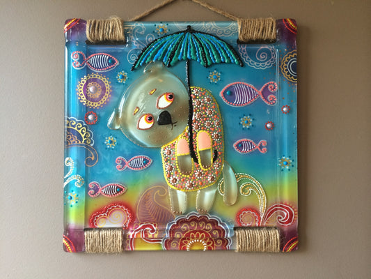Cat Walk in the Rain Glass Panel Wall Art - Hand-Painted Fused-Glass Panel with Vibrant Colors and Whimsical Patterns, 26 cm