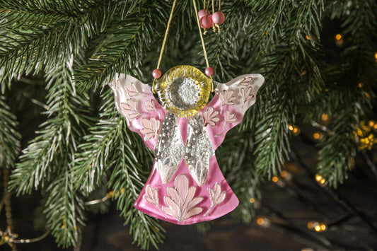 Guardian Angel Glass Wall Art in Pink & Silver,- Handmade Fused-Glass Decor with Vibrant Colors and Intricate Patterns