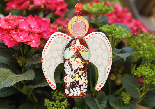 Guardian Angel Glass Wall Art in Red & Silver - Handmade Fused-Glass Decor with Vibrant Colors and Intricate Patterns