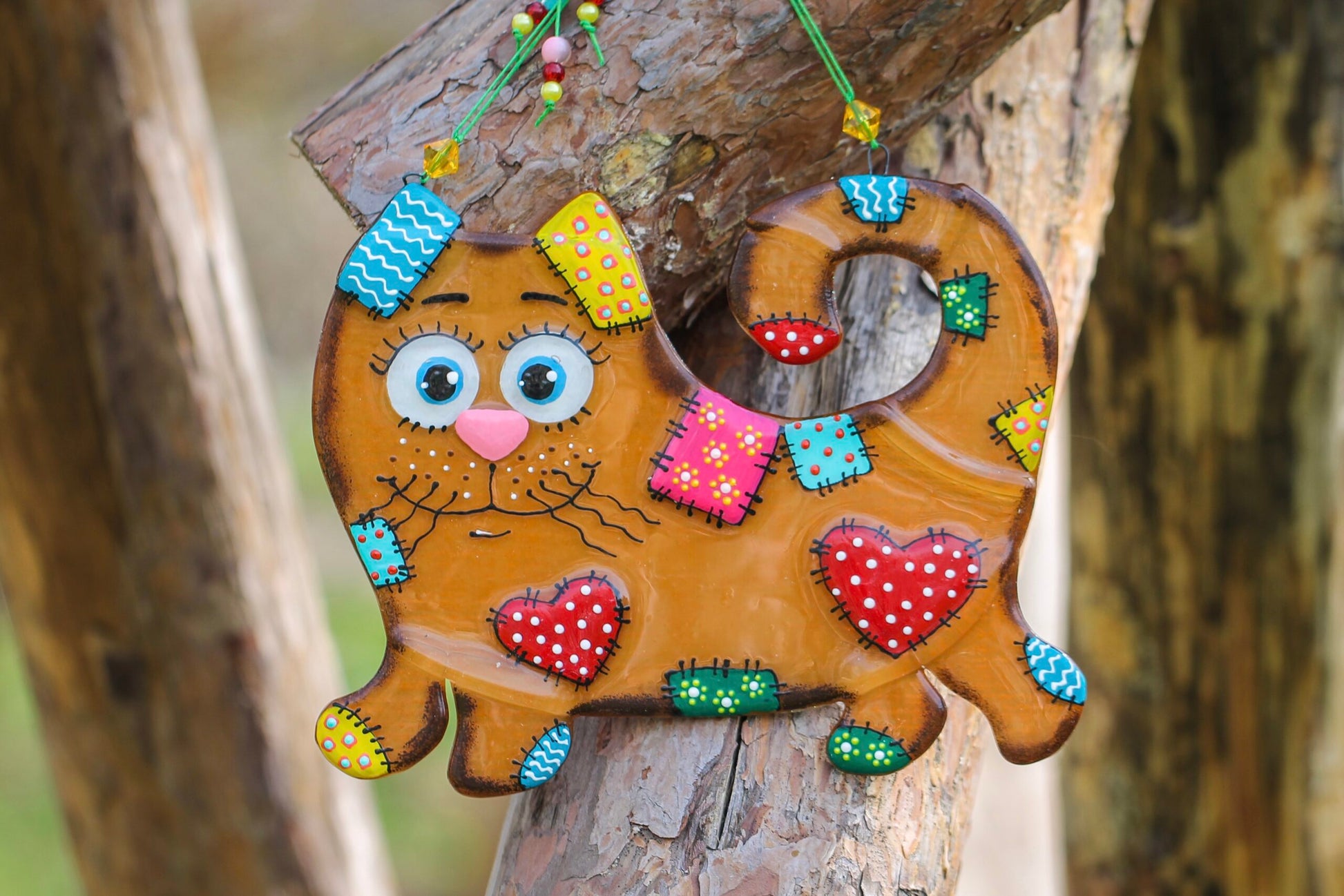 Big Cat in Patches Glass Artwork - Hand-Painted Fused-Glass Decor with Brown Cat and Multicolored Patches | Wholesale