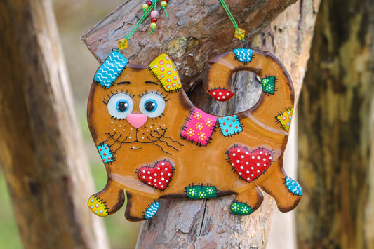 Big Cat in Patches Glass Artwork - Hand-Painted Fused-Glass Decor with Brown Cat and Multicolored Patches | Wholesale