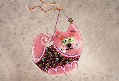Big Soulful Cat Glass Artwork - Hand-Painted Fused-Glass Decor with Charming Cat, Vibrant Colors, and Captivating Patterns