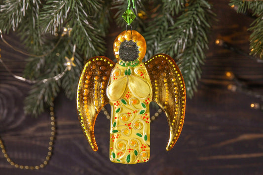 Guardian Angel Glass Wall Art in Yellow & Gold - Handmade Fused-Glass Decor with Vibrant Colors and Intricate Patterns