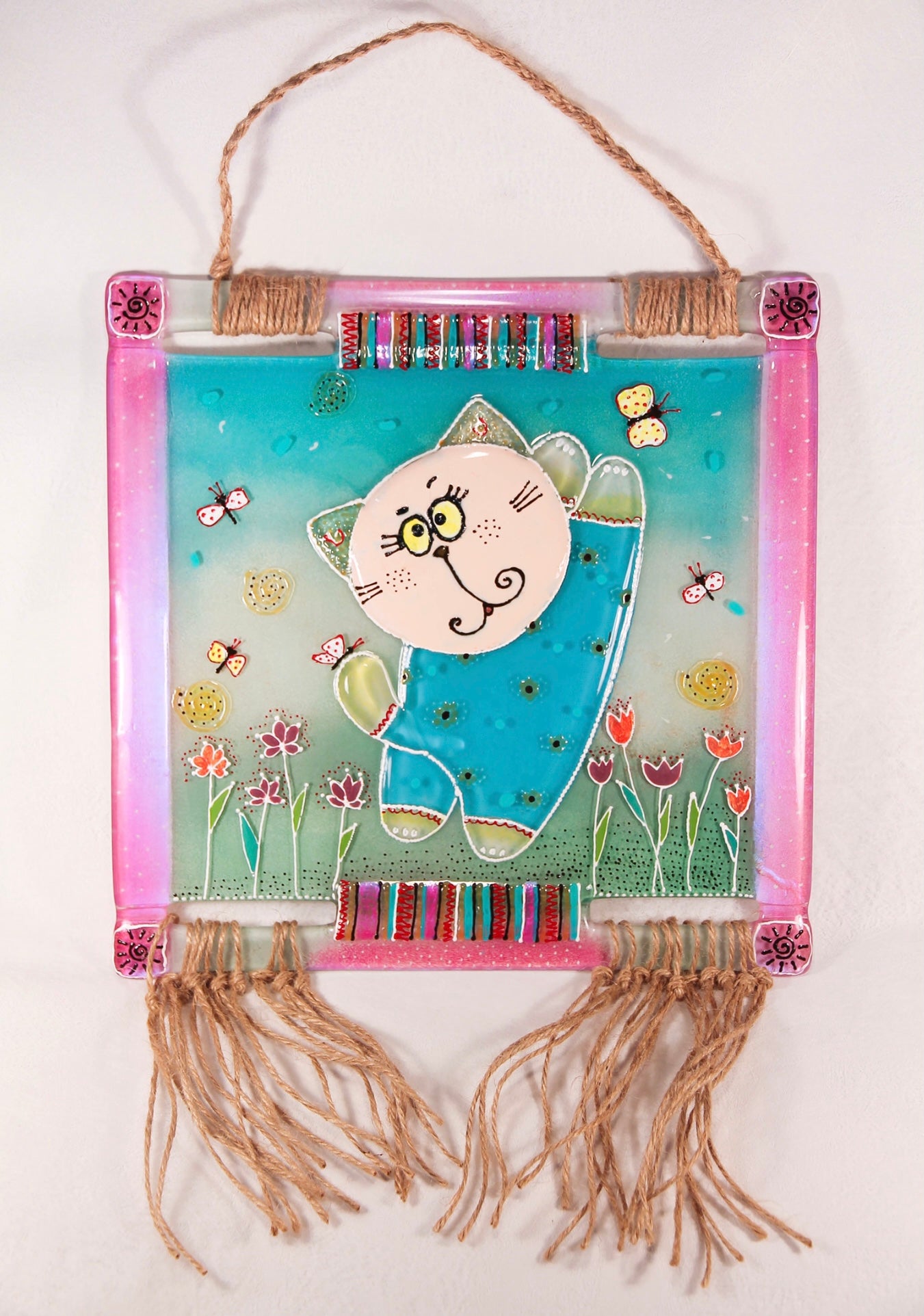 Cat's Spring Glass Panel Wall Art - Hand-Painted Fused-Glass Panel with Delicate Details and Captivating Patterns, 26 cm