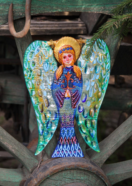 Big Guardian AngelGlass Wall Art in Blue - Handmade Fused-Glass Decor with Vibrant Colors and Intricate Patterns