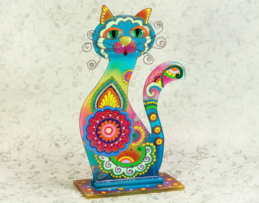 Loving Cat on the Stand Big Glass Artwork - Hand-Painted Fused-Glass Decor with Delightful Cat Perched, 25 cm, Rainbow