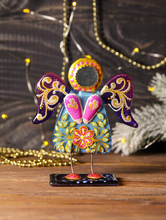 Guardian Angel on a Stand Glass Wall Art - Handmade, Personalized Gift, Blue & Purple
