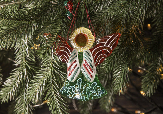 Guardian Angel Glass Wall Art in Green & Red - Handmade Fused-Glass Decor with Vibrant Colors and Intricate Patterns