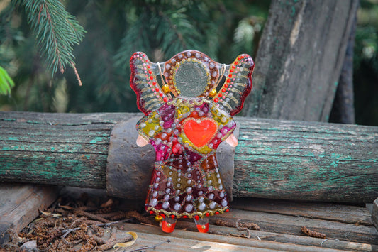 Guardian Angel of Love with Red Heart Glass Wall Art in Mosaic & Dots - Handmade Fused-Glass Decor with Intricate Patterns