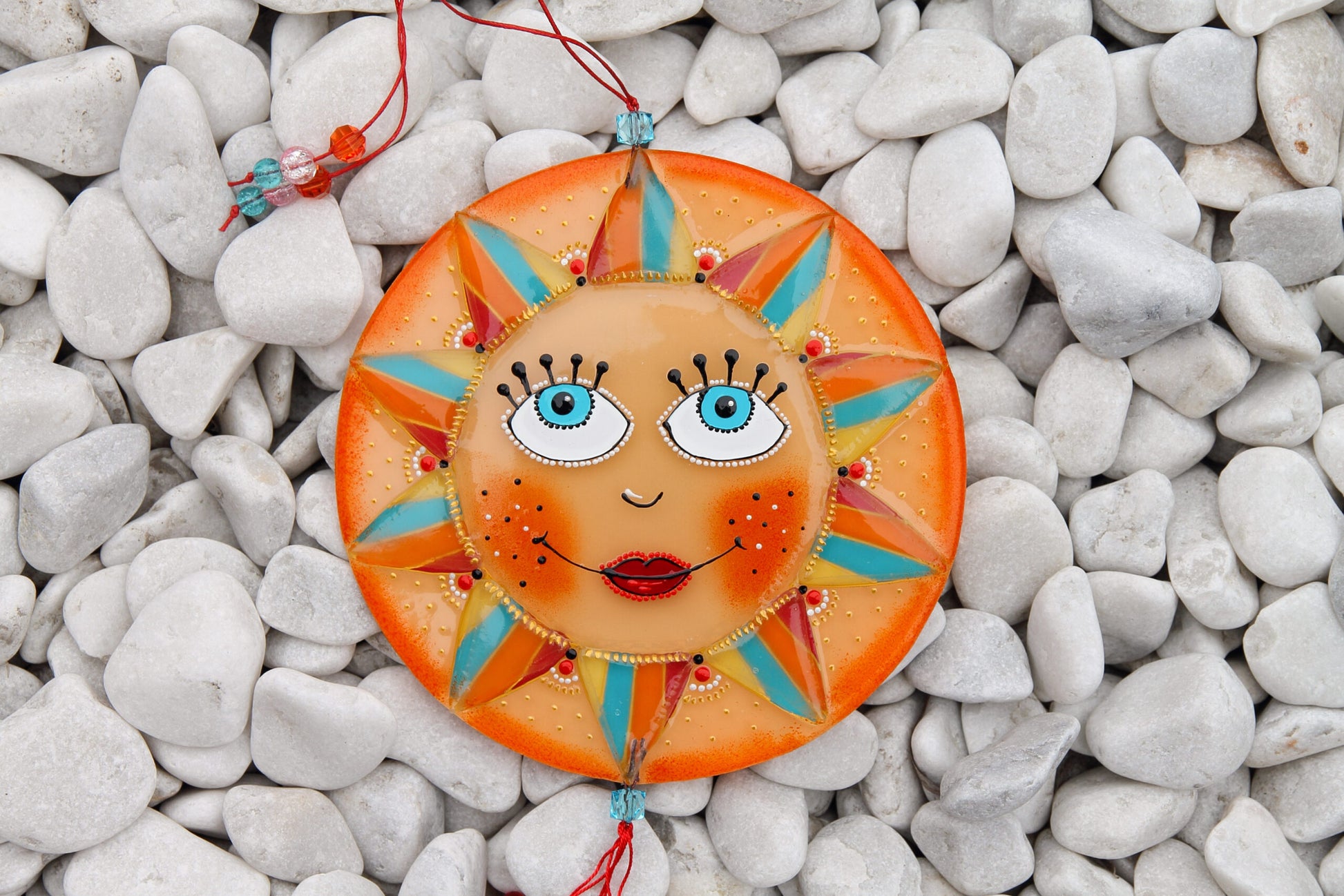 Big Sun Symbol Talisman Glass Artwork - Hand-Painted Fused-Glass Decor with Vibrant Colors and Intricate Patterns, Orange