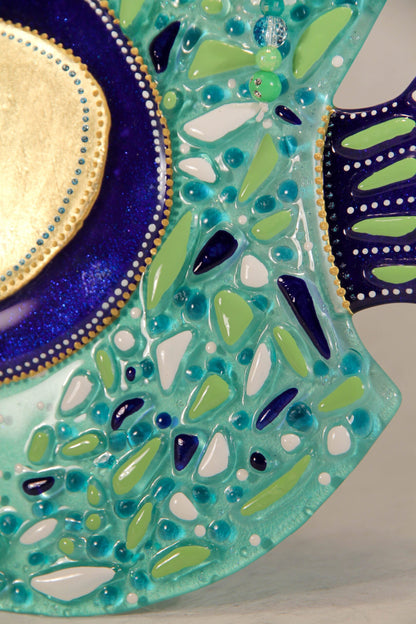 Big Fish in Love Symbol of Happiness Glass Artwork - Hand-Painted Fused-Glass Decor with Captivating Patterns and Lively Colors, Green