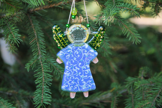 Guardian Angel of Love Glass Wall Art Handmade, Blue & Green, 11 cm