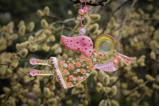 Flying Guardian Angel Glass Wall Art Suncatcher, Clear, Gold & Pink - Handmade Fused-Glass Decor with Intricate Patterns
