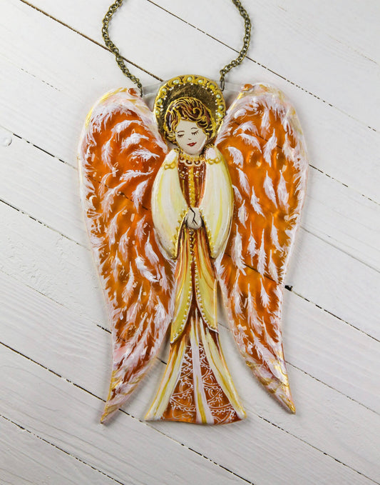 Big Guardian AngelGlass Wall Art in Orange - Handmade Fused-Glass Decor with Vibrant Colors and Intricate Patterns