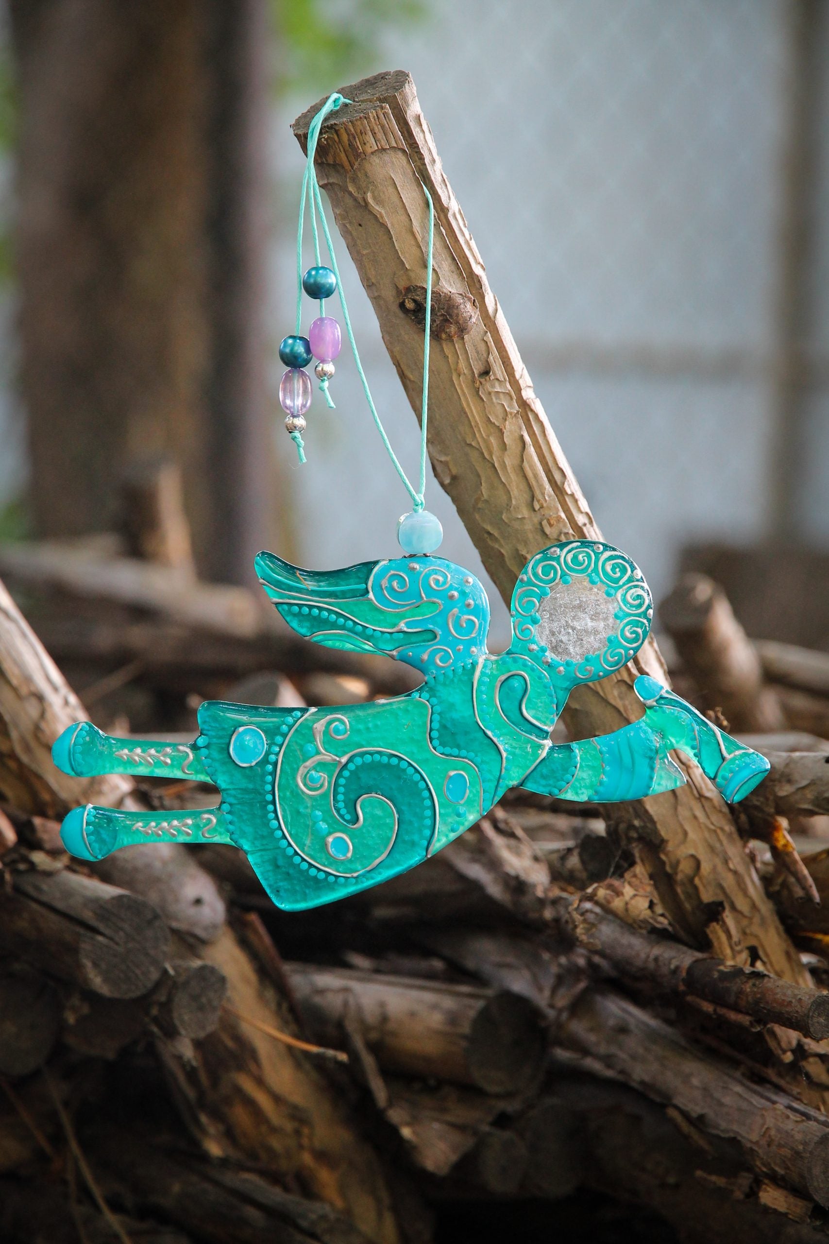 Flying Guardian Angel Glass Wall Art in Mint - Handmade Fused-Glass Decor with Vibrant Colors and Intricate Patterns