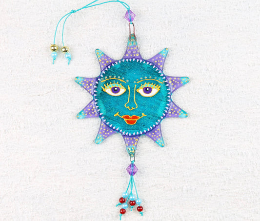 Hand-Painted Sun Symbol Talisman Glass Artwork - Blue Suncatcher, 14 cm Diameter, Symbol of Renewal and Warmth