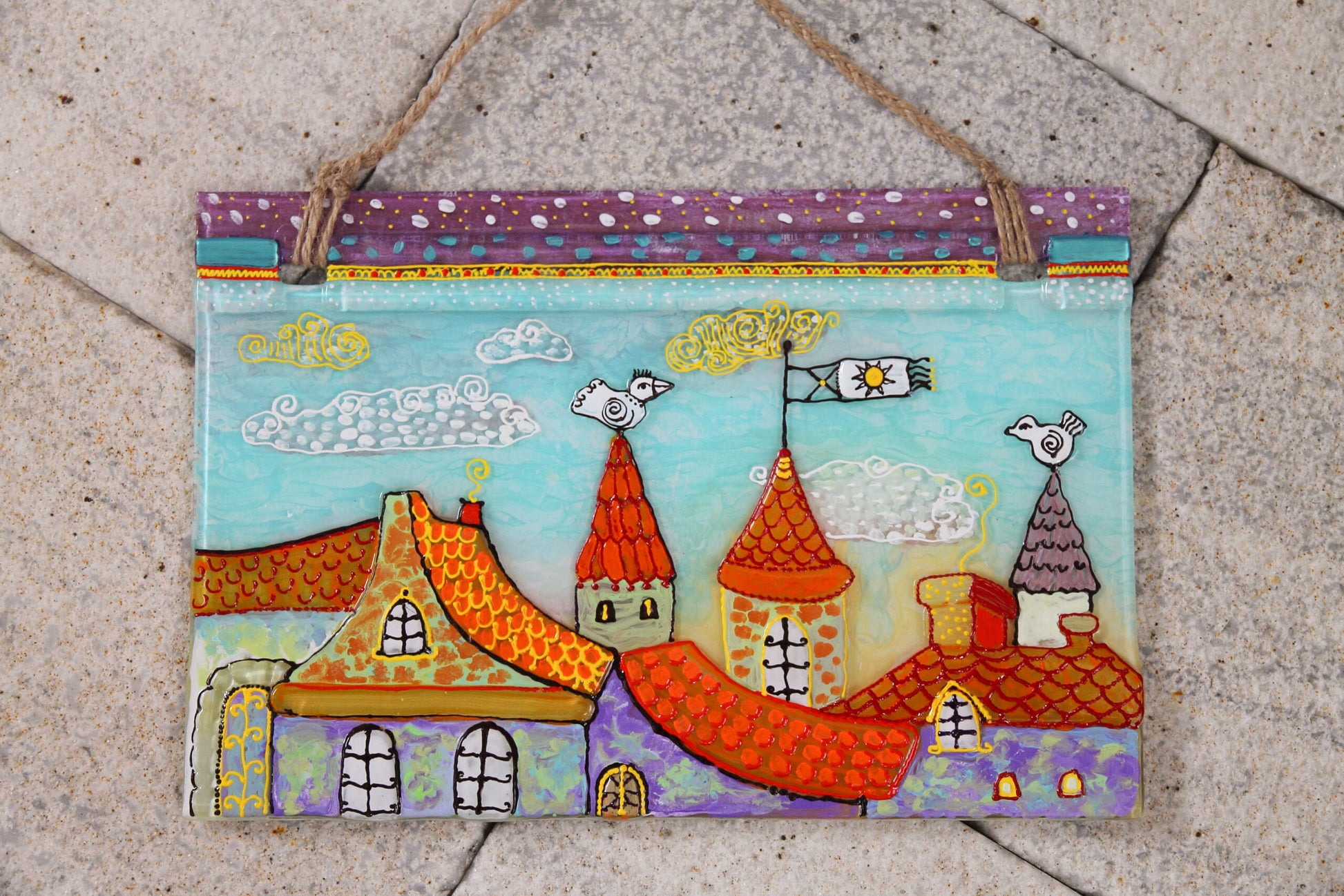 Walk in the Clouds City Roofs Glass Panel Wall Art - Hand-Painted Fused-Glass Panel with Whimsical Weather Vanes, 49 cm