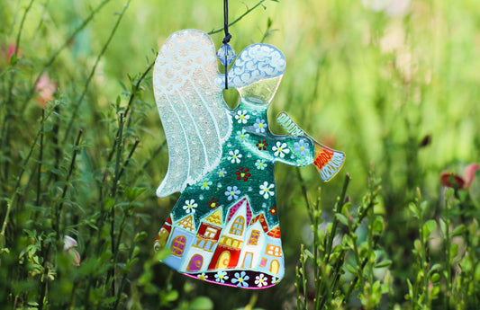 Guardian Angel Glass Wall Art in Suncatcher, Light Blue & Clear - Handmade Fused-Glass Decor with Intricate Patterns