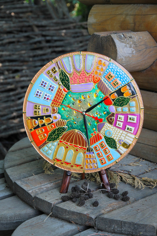 Clock City Glass Artwork - Hand-Painted Fused-Glass Clock with Urban Design, 30 cm