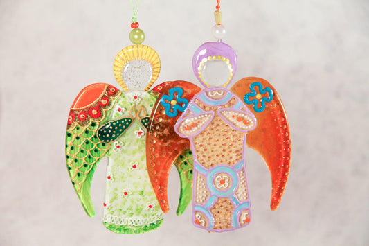 Guardian Angel Glass Wall Art in Green & Orange - Handmade Fused-Glass Decor with Vibrant Colors and Intricate Patterns
