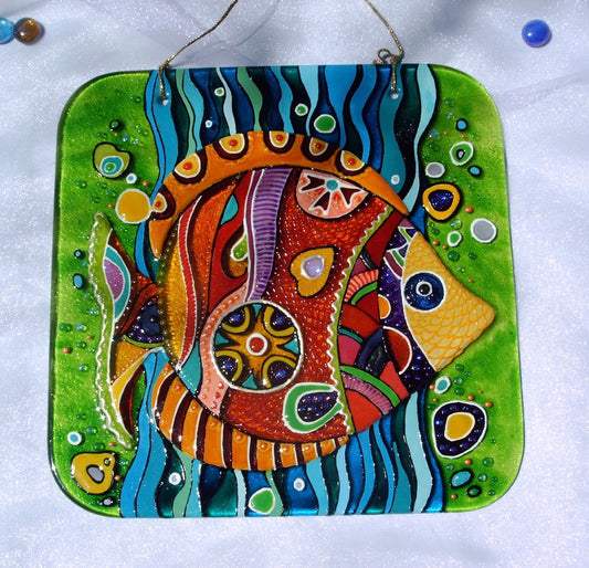 Fish Glass Panel Wall Art - Hand-Painted Fused-Glass Panel with Vibrant Colors and Playful Patterns, Brown, 26 cm
