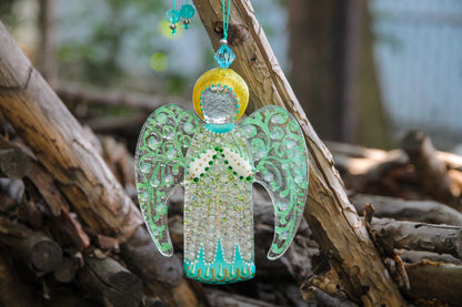 Guardian Angel Glass Wall Art Suncatcher, White & Green - Handmade Fused-Glass Decor with Intricate Patterns