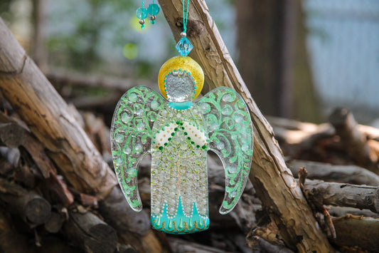 Guardian Angel Glass Wall Art Suncatcher, White & Green - Handmade Fused-Glass Decor with Intricate Patterns