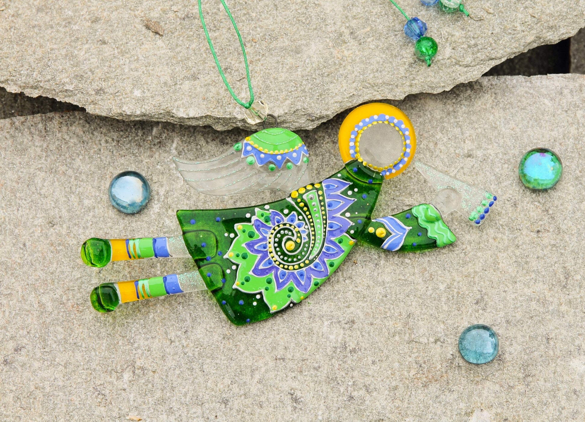 Flying Guardian Angel Glass Wall Art Suncatcher, Green & Blue - Handmade Fused-Glass Decor with Intricate Patterns