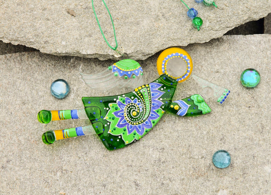 Flying Guardian Angel Glass Wall Art Suncatcher, Green & Blue - Handmade Fused-Glass Decor with Intricate Patterns