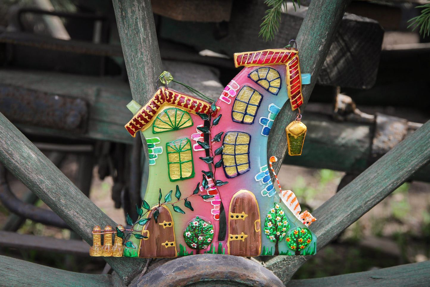 Lovely Houses Symbol of Family Unity Glass Artwork - Hand-Painted Fused-Glass Decor with Vibrant Colors and Intricate Patterns, Pink