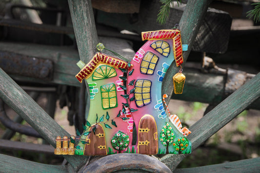 Lovely Houses Symbol of Family Unity Glass Artwork - Hand-Painted Fused-Glass Decor with Vibrant Colors and Intricate Patterns, Pink