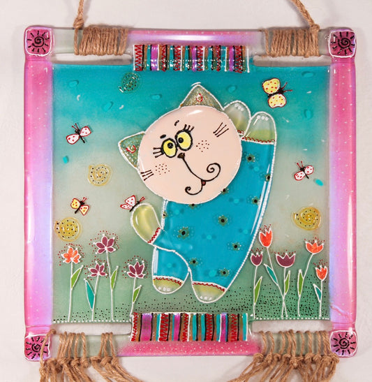 Cat's Spring Glass Panel Wall Art - Hand-Painted Fused-Glass Panel with Delicate Details and Captivating Patterns, 26 cm