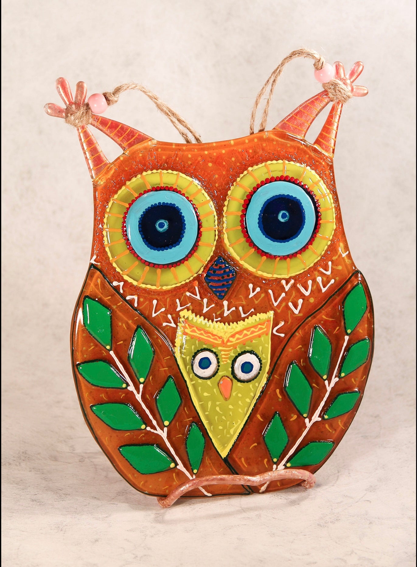 Mother Owl and Owlet Glass Artwork - Hand-Painted Fused-Glass Decor with Nurturing Love, Wisdom, and Nature-Inspired Serenity