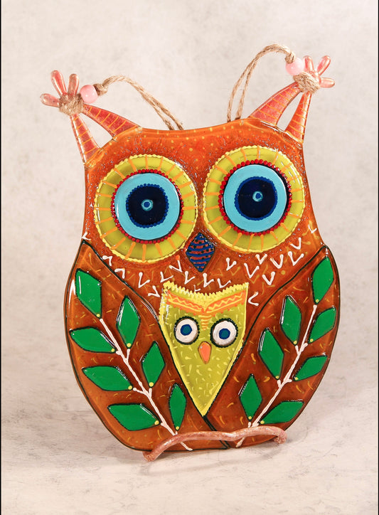 Mother Owl and Owlet Glass Artwork - Hand-Painted Fused-Glass Decor with Nurturing Love, Wisdom, and Nature-Inspired Serenity