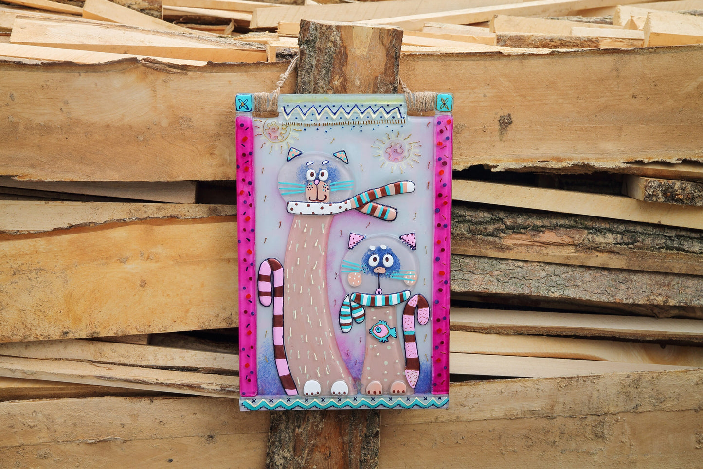 Cats on a Walk Glass Panel Wall Art - Hand-Painted Fused-Glass Panel with Whimsical Feline Friends in Scarves, 40 cm