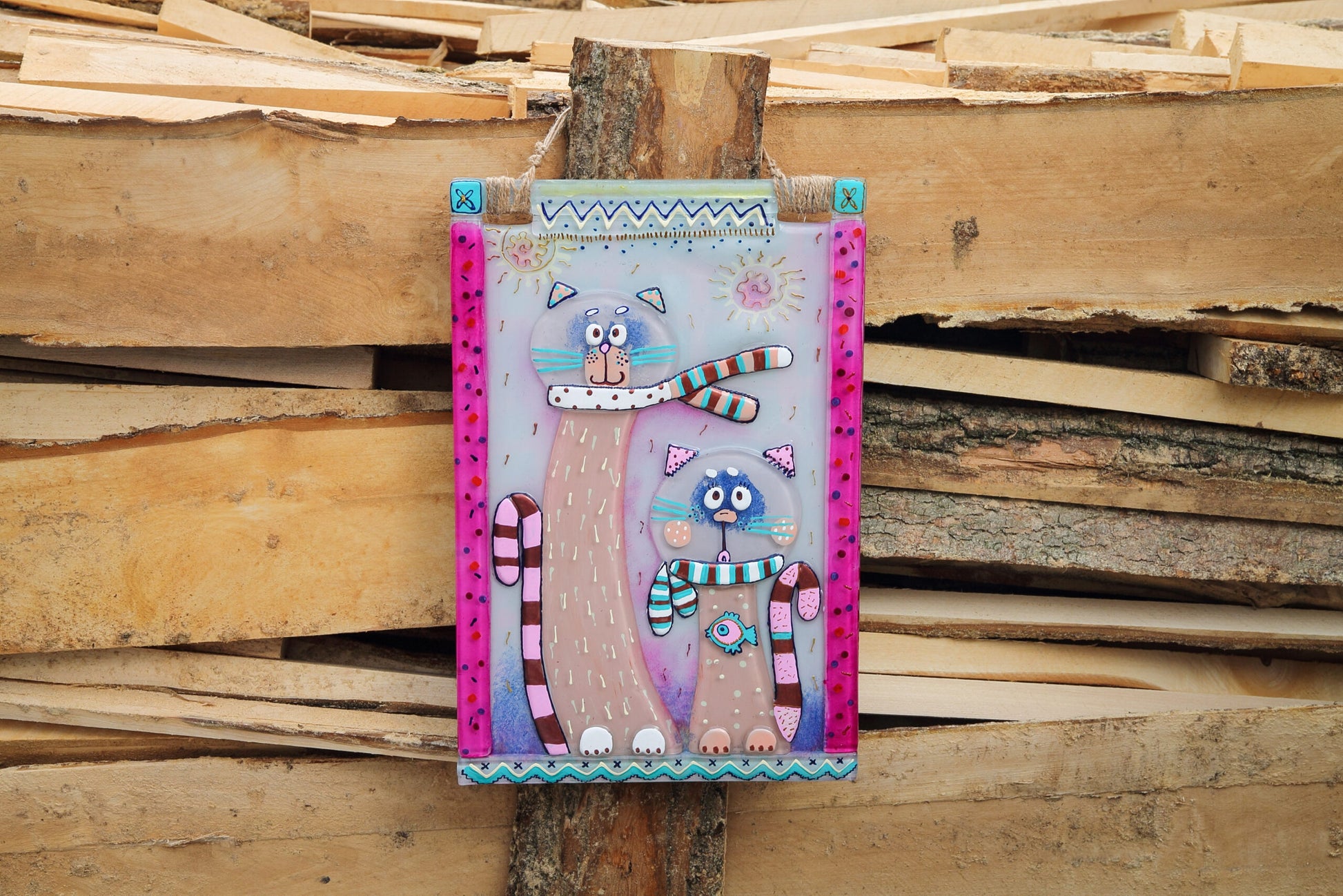 Cats on a Walk Glass Panel Wall Art - Hand-Painted Fused-Glass Panel with Whimsical Feline Friends in Scarves, 40 cm