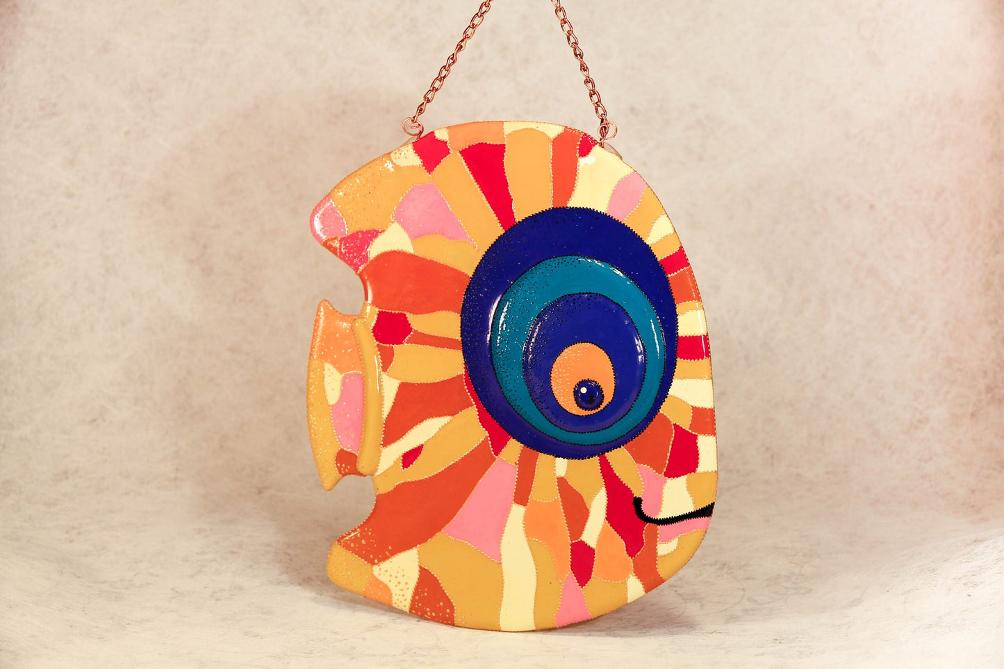 Big Fish in Love Glass Artwork - Hand-Painted Fused-Glass Decor with Captivating Patterns and Vibrant Colors, Orange