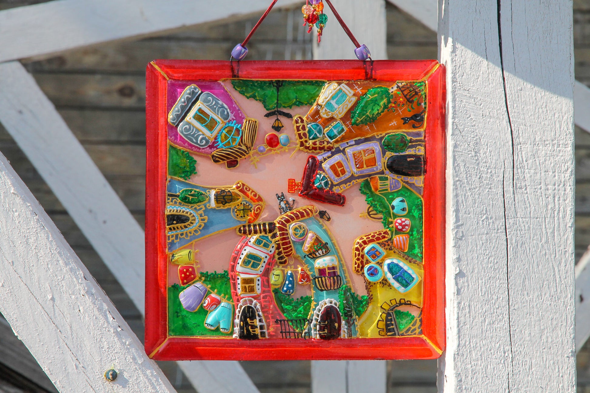 Courtyard Glass Panel Wall Art - Hand-Painted Fused-Glass Panel with Intricate Details and Captivating Patterns, Red, 23 cm