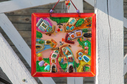 Courtyard Glass Panel Wall Art - Hand-Painted Fused-Glass Panel with Intricate Details and Captivating Patterns, Red, 23 cm