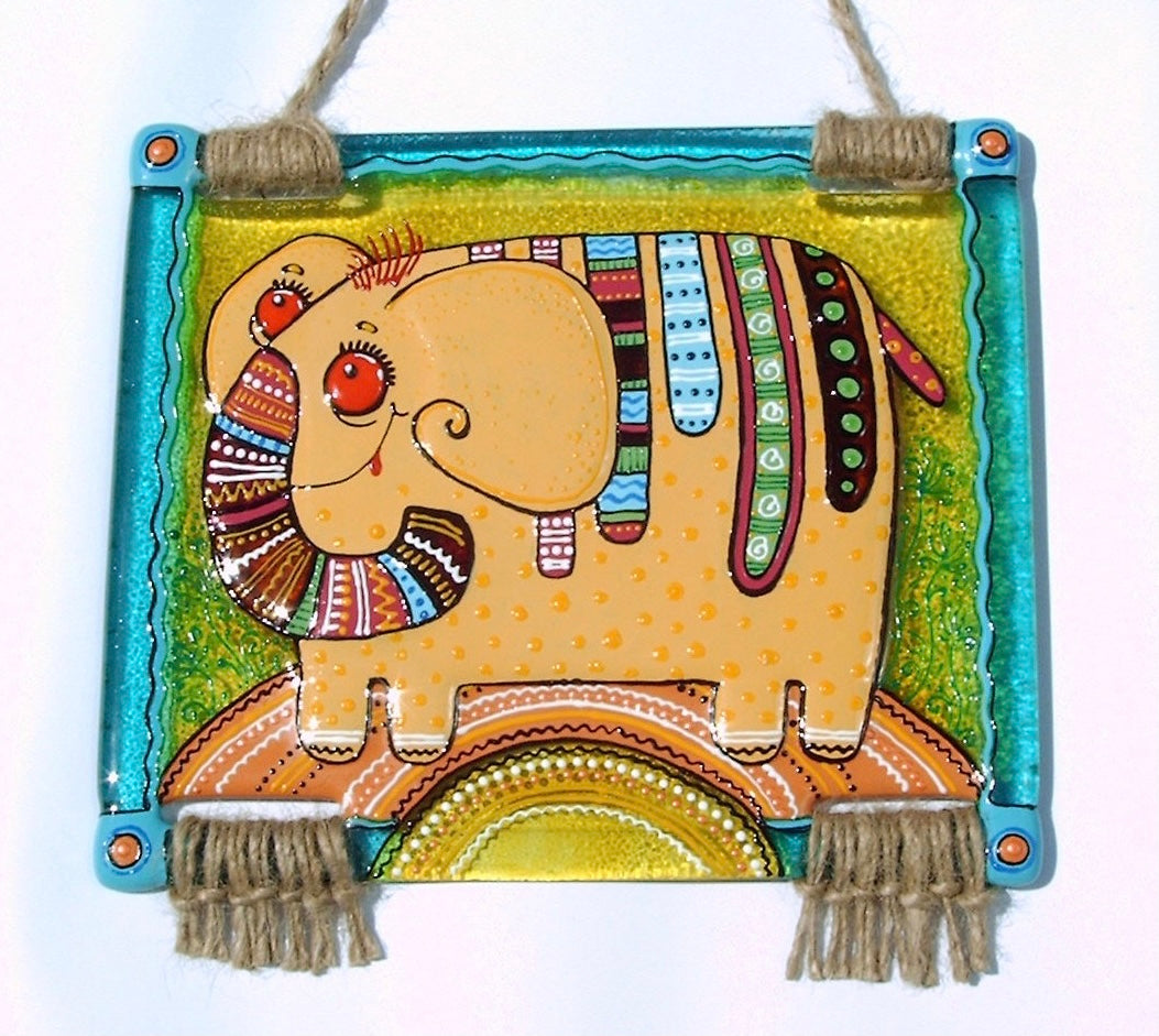 Funny Elephant Glass Panel Wall Art - Hand-Painted Fused-Glass Panel with Meticulous Craftsmanship and Powerful Presence, 22 cm