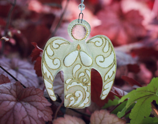 Guardian Angel Glass Wall Art Suncatcher, Clear & White - Handmade Fused-Glass Decor with Intricate Patterns