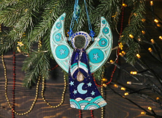 Guardian Angel Glass Wall Art in Blue & Mint - Handmade Fused-Glass Decor with Vibrant Colors and Intricate Patterns