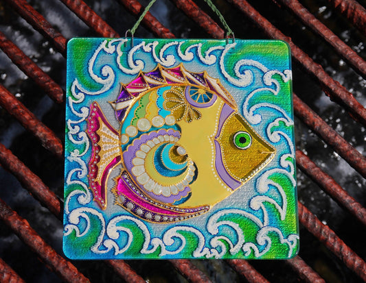 Fish Glass Panel Wall Art - Hand-Painted Fused-Glass Panel with Vibrant Colors and Playful Patterns, Yellow, 26 cm
