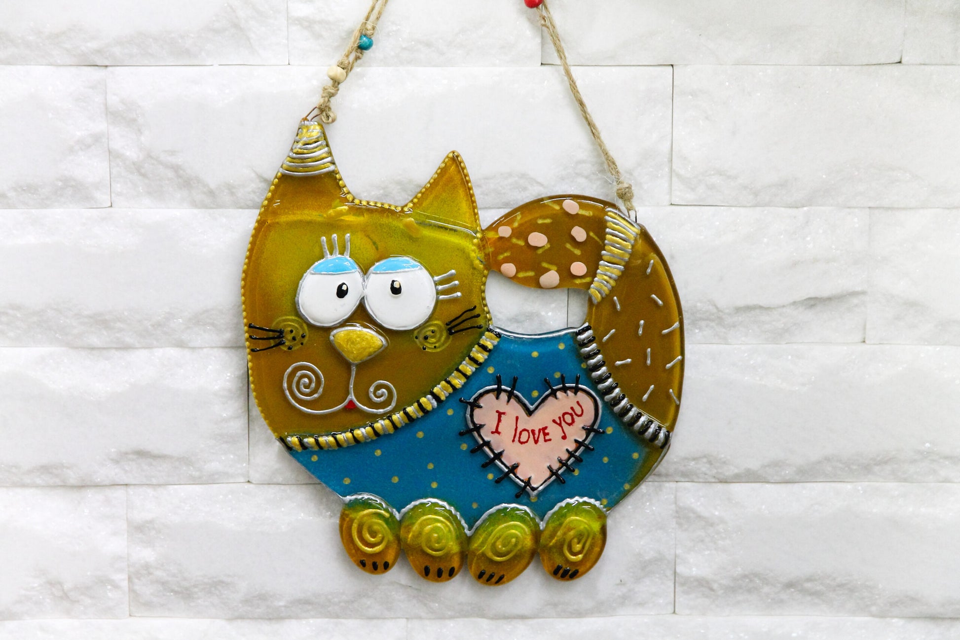 Big Cat in Patches Glass Artwork - Hand-Painted Fused-Glass Decor with Brown Cat and Multicolored Patches | Wholesale
